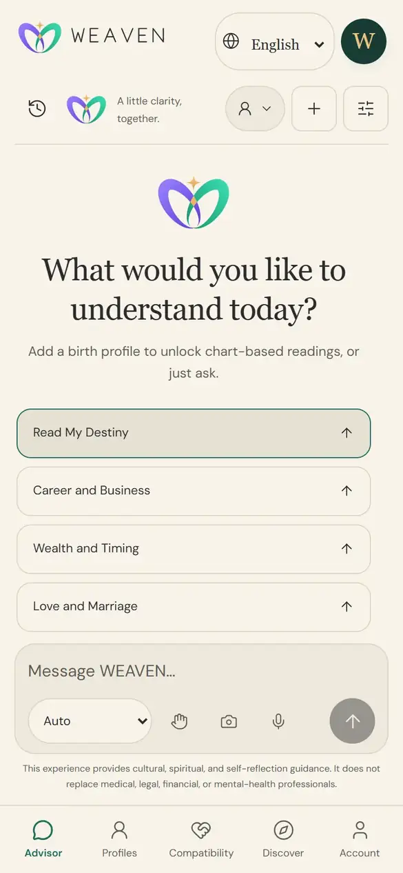 The advisor start screen on a phone with ten starter cards such as Read My Destiny, Career and Business, Ask the I Ching and Monthly Forecast above a message box.