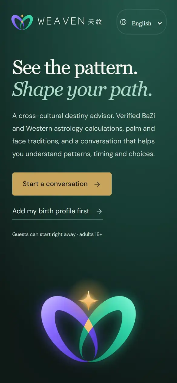 WEAVEN welcome screen on a phone: the luminous woven-W mark, the words "See the pattern. Shape your path." and a "Start a conversation" button.